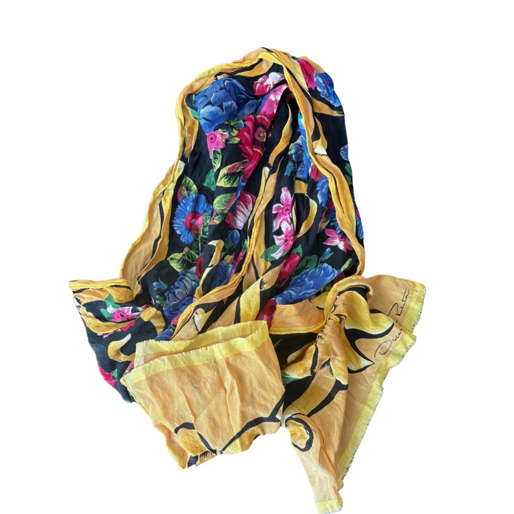 Oscar de la Renta Vintage Floral Yellow Border Scarf